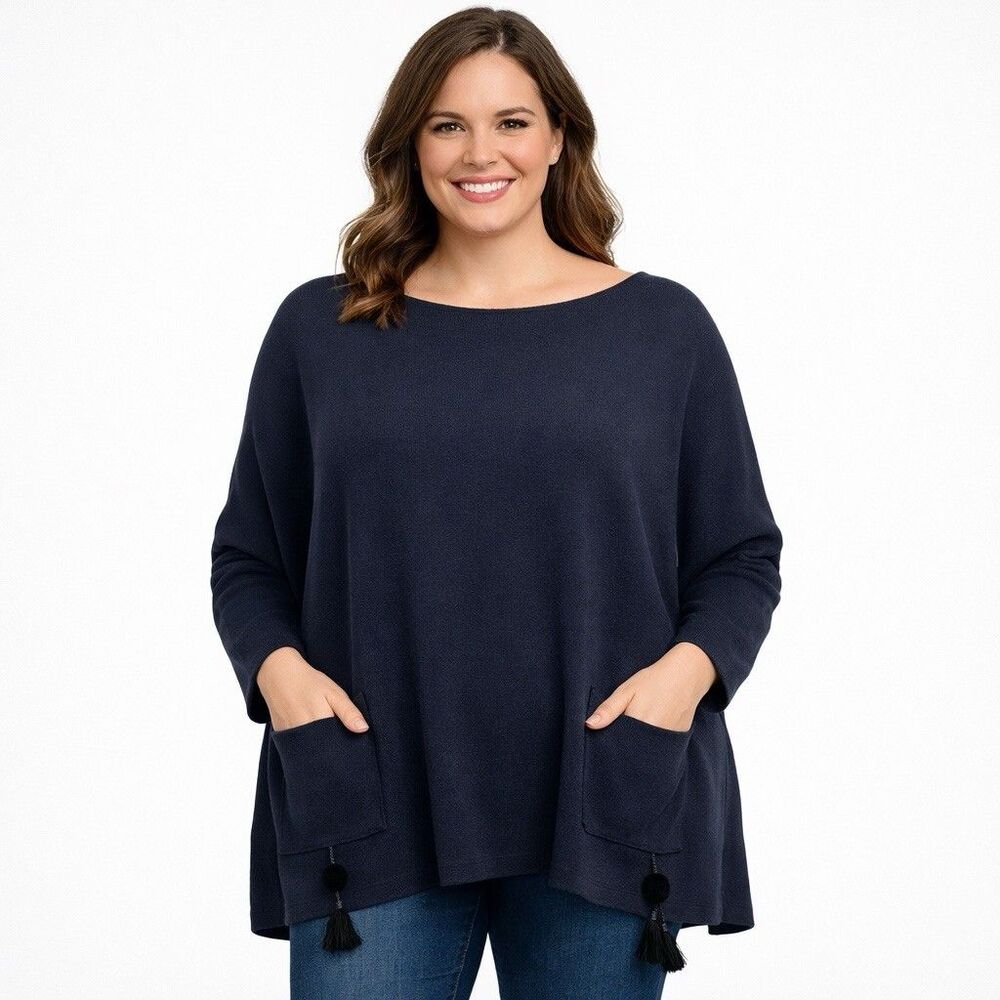 Lilly Pulitzer Navy Blue Tassel Poncho Sweater XL CoolMax Oversize Lagenlook New